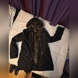 Women's Black Hooded Jacket with Faux Fur Lining From Italy